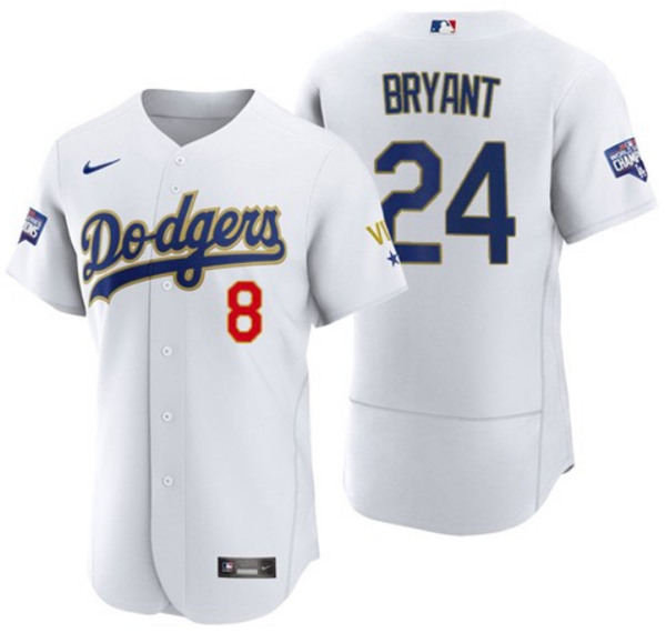 Men's Los Angeles Dodgers Front #8 Back #24 Kobe Bryant White Gold MLB Championship Flex Base Sttiched Jersey